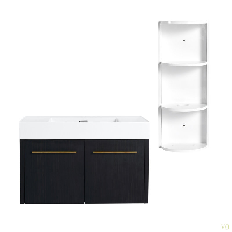Meuble-lavabo mural 36 po avec lavabo et support de rangement, lavabo en résine à rebords épais, ensemble KD, Centre, 35"