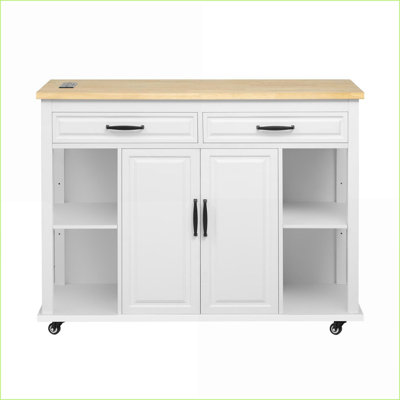 Kitchen Island with Extendable Dining Table | 47.2in Grey Blue | Storage, Power Outlets | Medium (40-55in), MDF,Rubber Wood