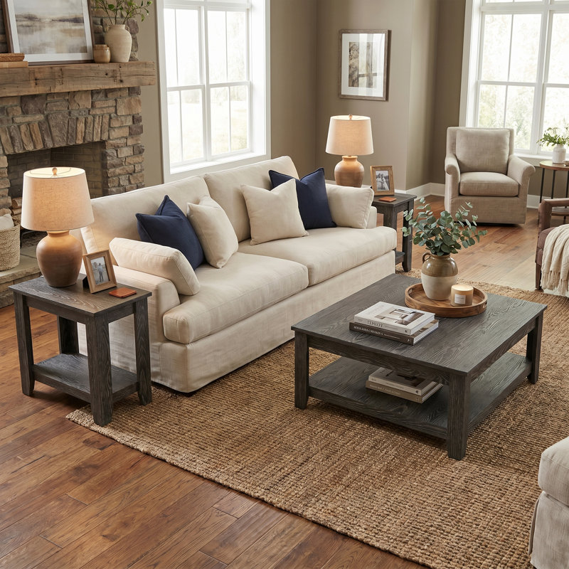 Weddel Basilico Modern Farmhouse 3 Piece Living Room Table Set, Dark Gray
