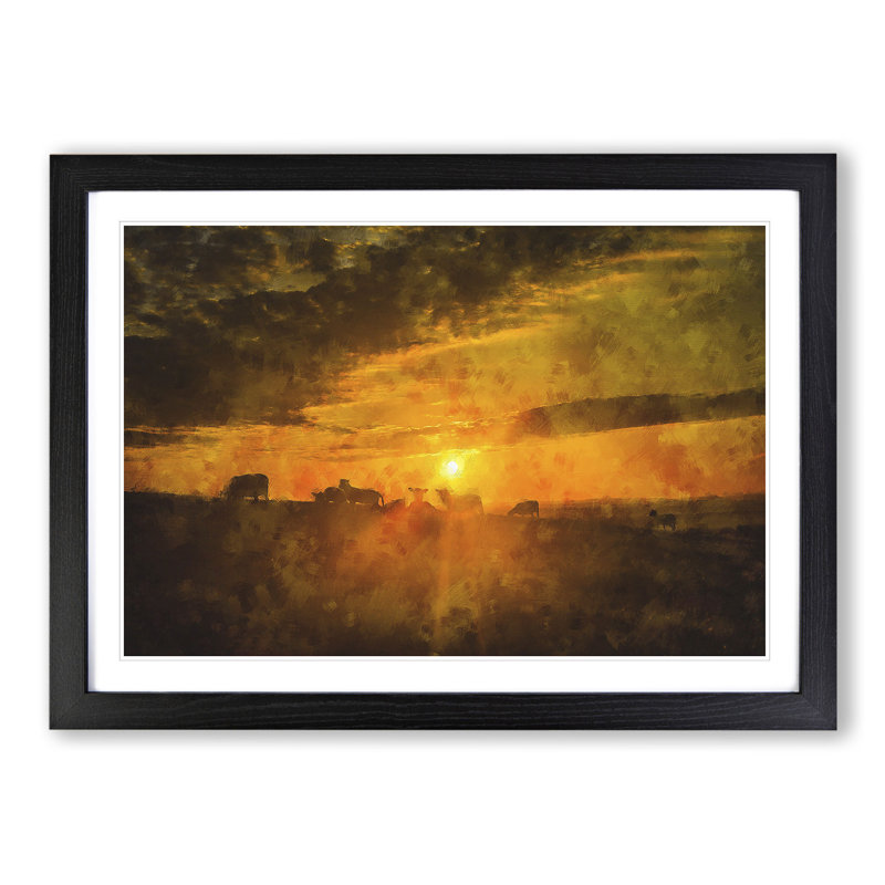 Flock Sheep and Sunset - Picture Frame Graphic Art, 48cm H x 65cm W x 2cm D, Black Framed