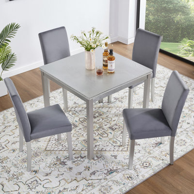 5 Piece Wooden Dining Table Set, Kitchen Table Set With A Square Table And 4 Upholstered Chairs, Wooden Dining Room Table With Crystal Decoration And Chairs Set For Kitchen, Dining Room