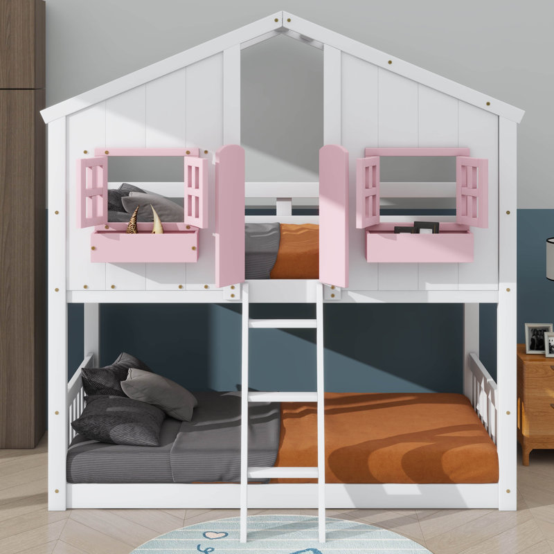 Twin-On-Twin House-Themed Bunk Bed Complete With Roof Window Door Safety Guardrails And Ladder, Pink/White