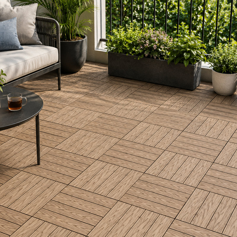 Paquet de 11 tuiles de terrasse 11,8 pouces à emboîtement WPC pour balcon de terrasse et plancher extérieur, Teck