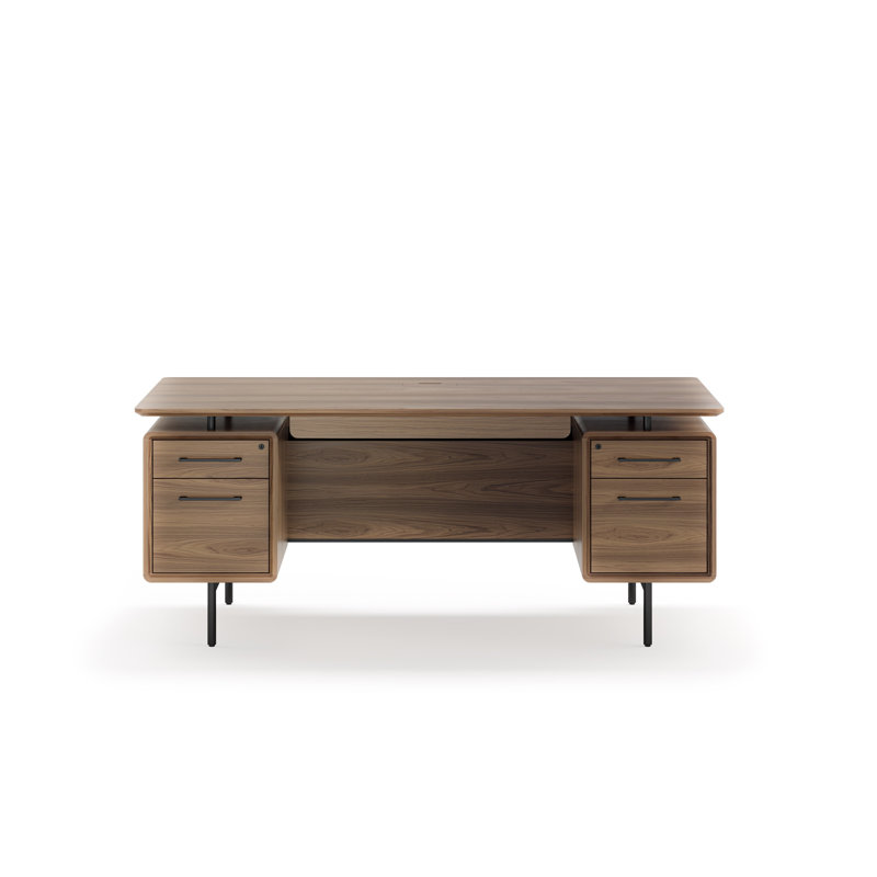 Natural Walnut Executive Desk with Filing Cabinet and Power Outlet