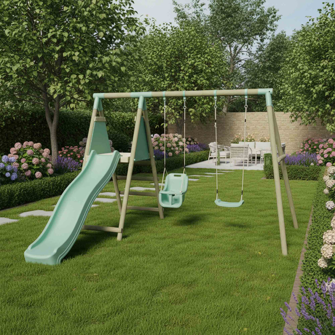 Mercia Wooden Round Pole Single Swing & Baby Seat Swing With Slide