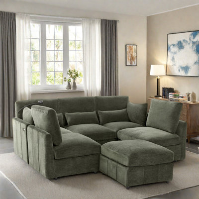 Modern Sectional Sofa With A Movable Ottoman, 2 Usb Ports And A Phone Holder