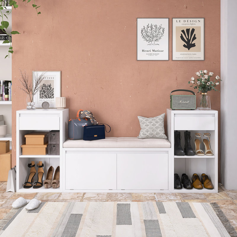 77.5" Width Shoe Storage Bench with Cushion for Entryway/Hallway/Mudroom/Living Room, White