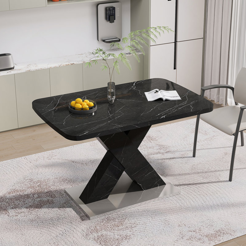 Table de salle à manger moderne, extensible, plateau de table en marbre noir imprimé et panneau de fibres à densité moyenne