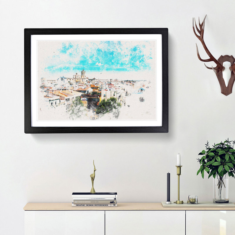 View Of Tarragona In Spain Watercolour - Framed Print, 62cm H x 87cm W x 2cm D, Black