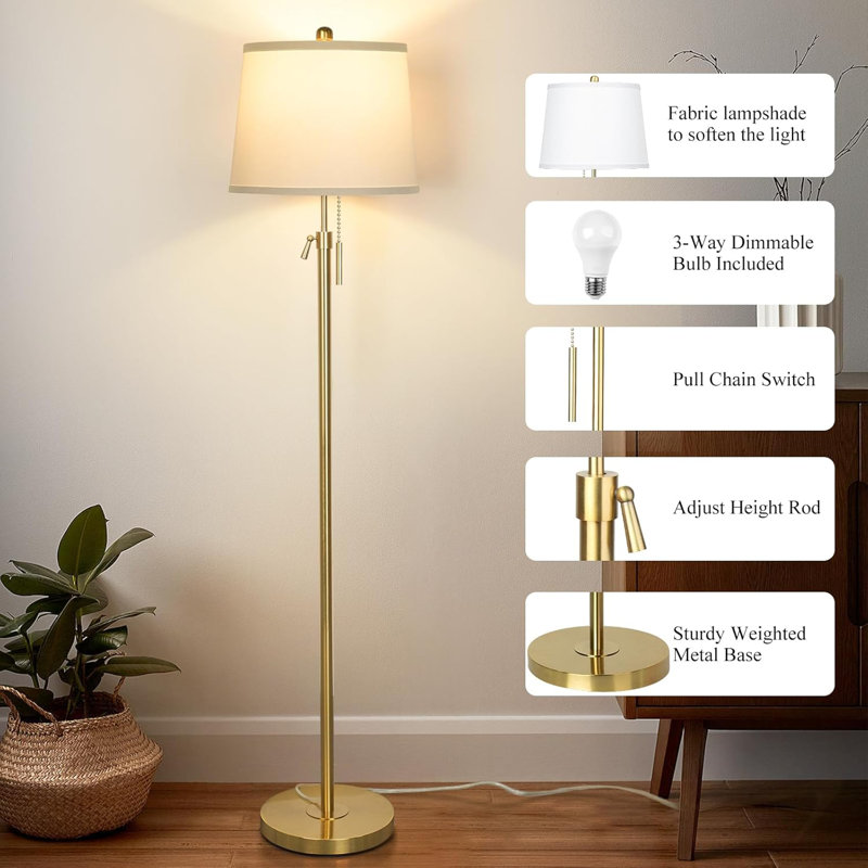 Lampe sur pied moderne en laiton avec hauteur réglable pour le salon, la chambre à coucher, le bureau - 3 températures de couleur, ampoule DEL de 9 W incluse