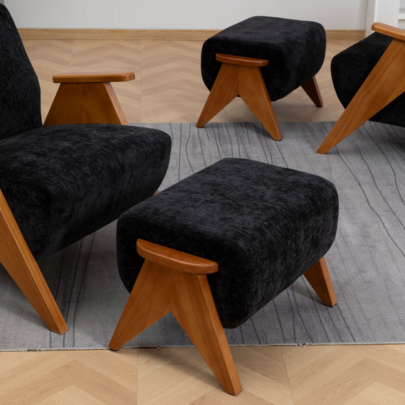 Upholstered Armchair with Footstool, Black