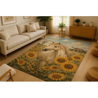 Tapis « Ultra Fin » 152 x 213 cm, motif chevaux et tournesols, idéal pour le salon. Tapis d'intérieur doux à poils courts avec envers antidérapant en silicone. Décoration florale champêtre pour la chambre, le salon, les chambres d'enfants et les animaux de compagnie. Jaune beige.