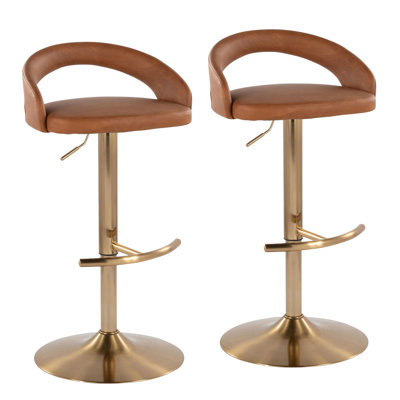 Tabouret de bar réglable en métal doré et similicuir brun clair avec repose-pieds arrondi en T - ensemble de 2