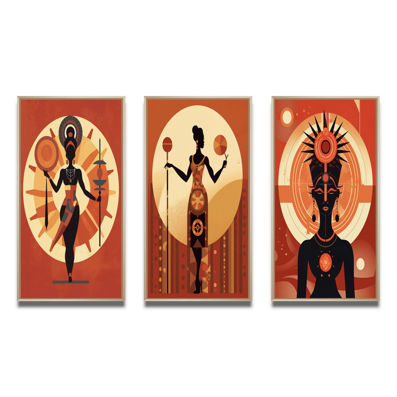 "Déesse africaine graphique rétro dans les tons de terre" 3 pièces, Cadre naturel flottant, H 40 po x l 60 po