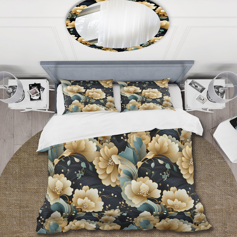 Ensemble de housse de couette bleu et beige Pailey Flowers Elegance I, Housse de couette pour très grand lit et 2 très