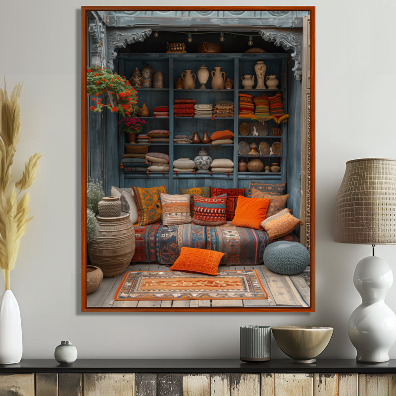 Orange bleu bohémien bazar Boho - art mural du Maroc, salon, H 32 po x l 16 po x P 1 po, Cadre flottant brun
