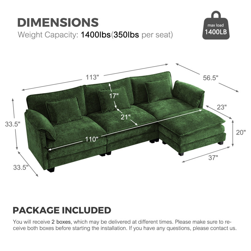 4-Piece 115'' Reversible Modern Upholstered L-Shape Sectional Sofa With Ottoman- Premium Velvet  Fabric