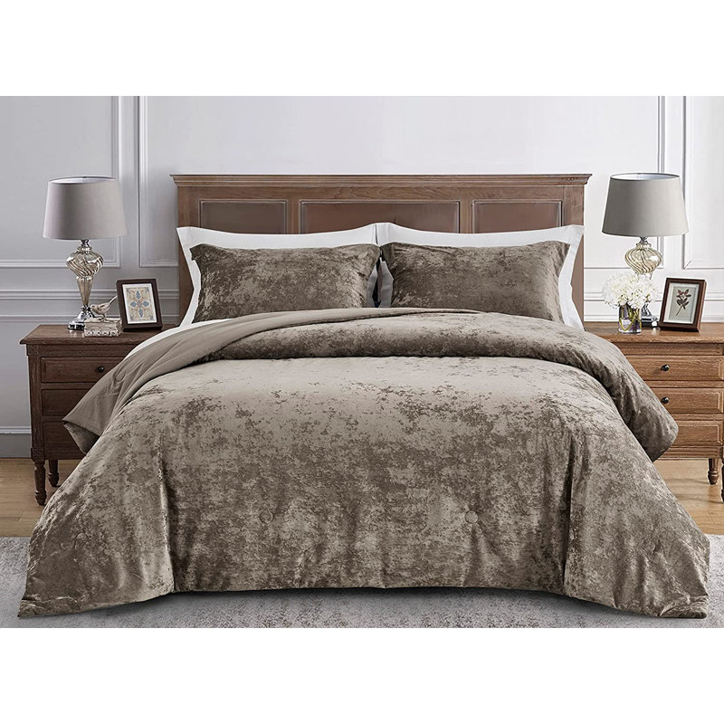 Lux Distressed Velvet Reversible Comforter Set, Full Comforter + 2 Standard Shams, Taupe