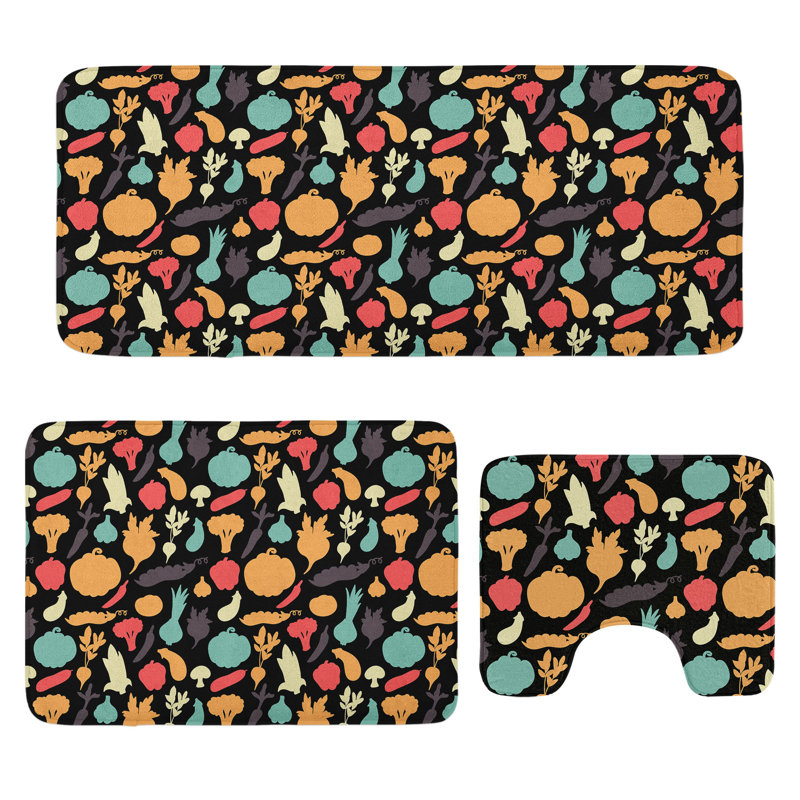  Vegetable Bathroom Rug Set 3 Pieces U-Shape & Rectangle Mats Charcoal Grey Multicolor