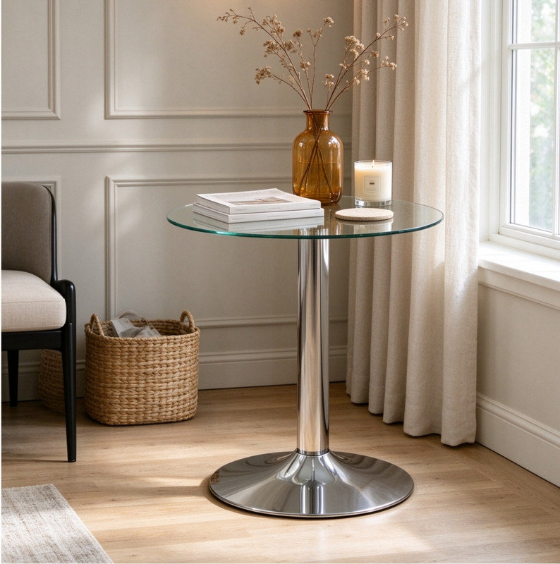 Table de bout en verre moderne avec base en métal noir mat, table d'appoint compacte pour petits espaces domestiques, noir