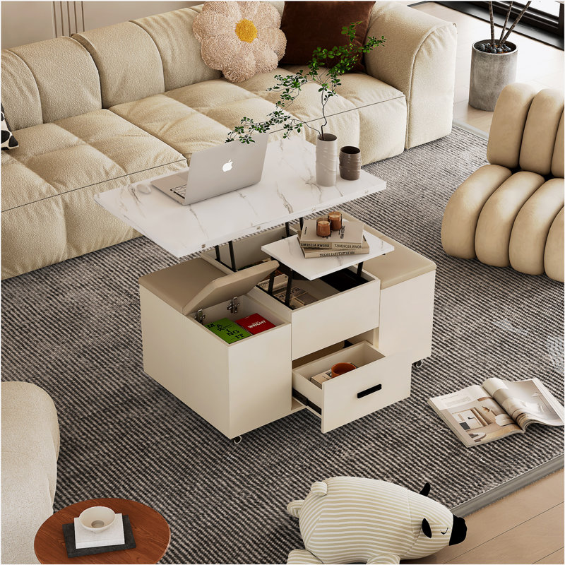 Modern Lift-Up Coffee Table with 4 Stools Set Saving Folding Dining Table