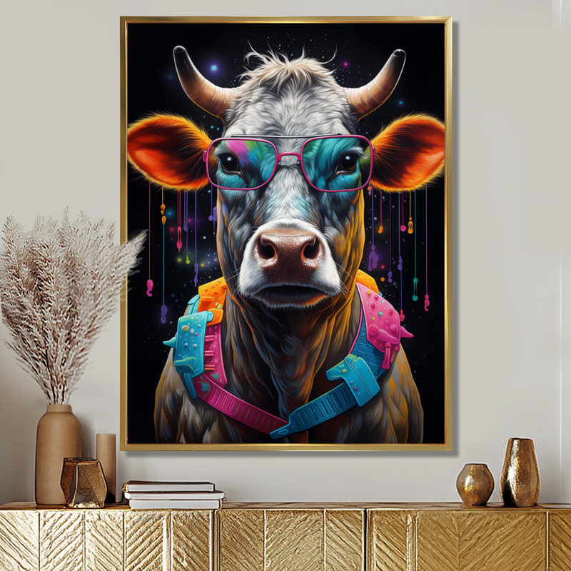 Vache avec lunettes de soleil bleues fraîches, H 20 po x l 12 po x P 1 po, Toile avec cadre doré