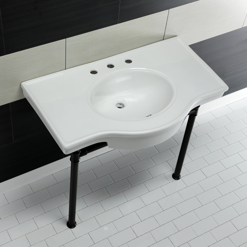 Kingston Brass Templeton 37-Inch Ceramic Console Sink with Stainless Steel Legs (8-Inch, 3-Hole)