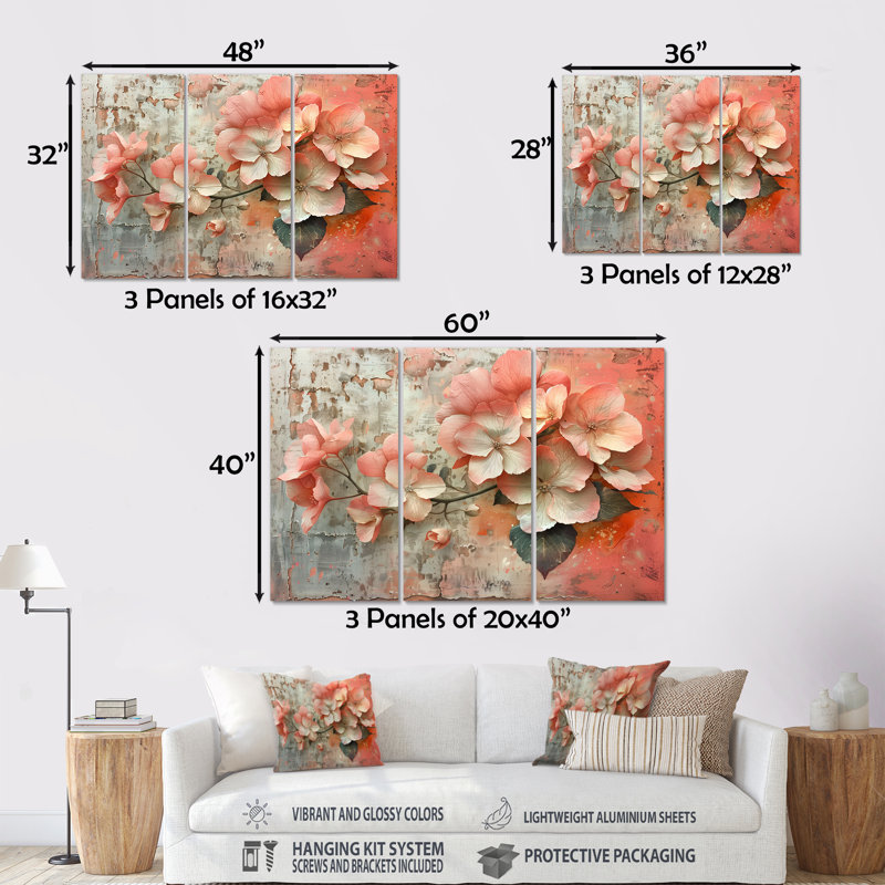 Ensemble de reproductions d'art mural hortensia rose et gris, Métal métal, H 32 po x l 48 po x P 1 po
