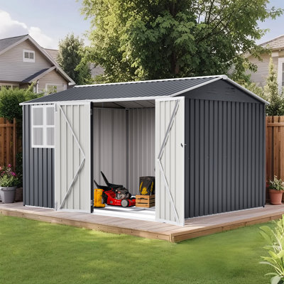 10x8FT Outdoor Metal Storage Shed with Lockable Door & Clear Window, All-Weather Steel Tool Shed with Floor Frame, 4 Vents for Garden, Backyard, Patio, Grey