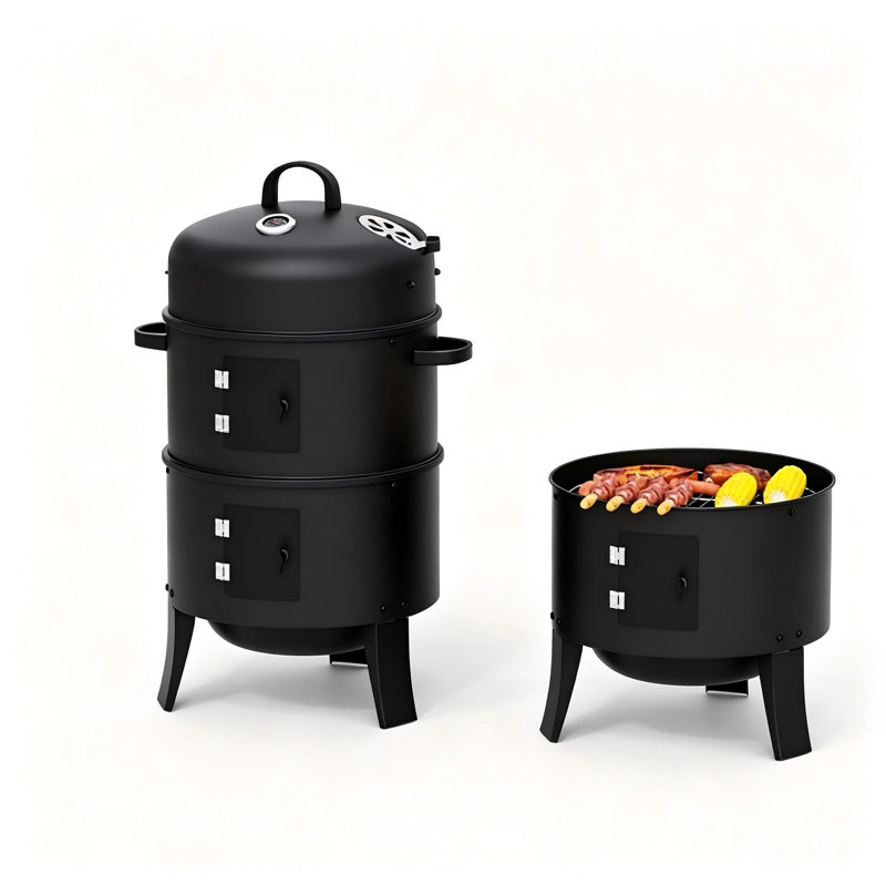400 sq.in. Charcoal Smoker Grill with Built-in Thermometer, 16" Round Vertical BBQ Smoker in Black