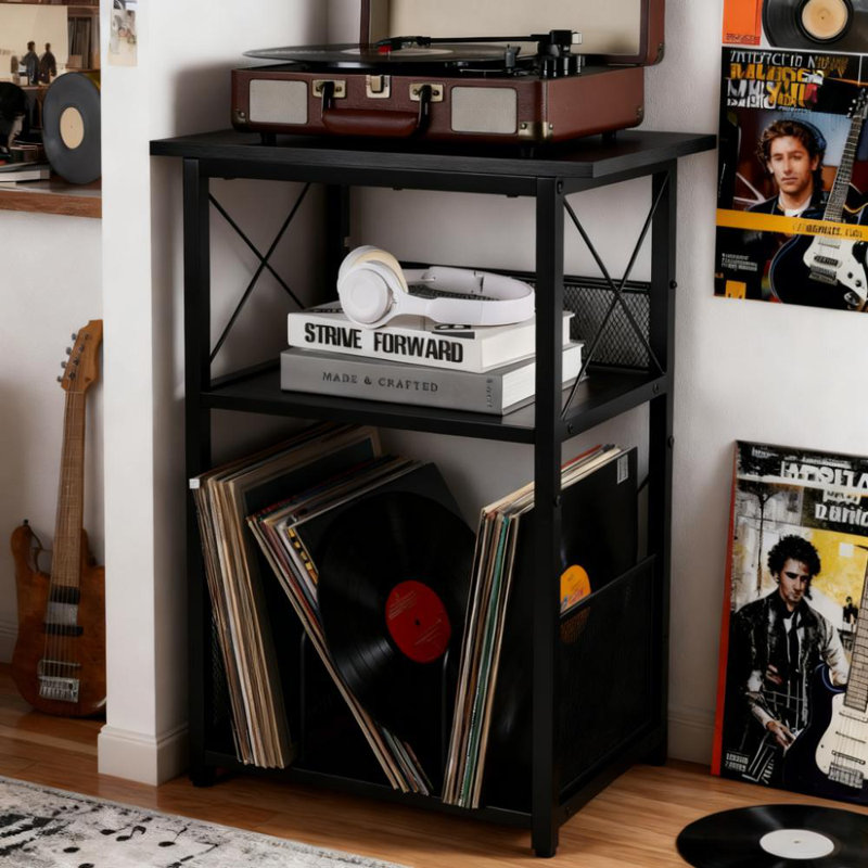 Compact Record Player Stand With Storage For 100 Vinyl Albums, Turntable Console, Black
