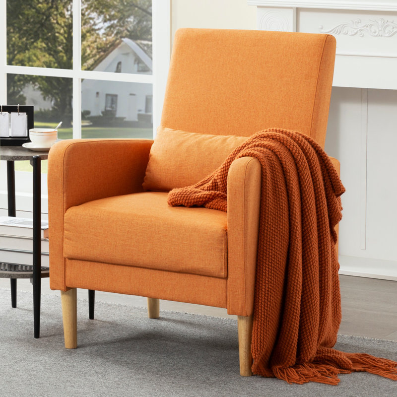 Fauteuil d'appoint en lin orange - structure en bois massif, siège en mousse haute densité, poche latérale de rangement, pieds antidérapants, pour lire et se détendre dans un petit espace