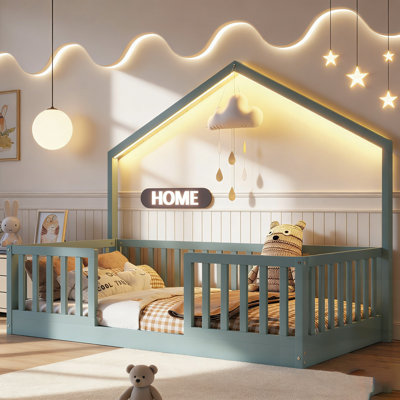 Floor Bed With High Safety Rails, Wooden Montessori Design For Kids, Boys And Girls