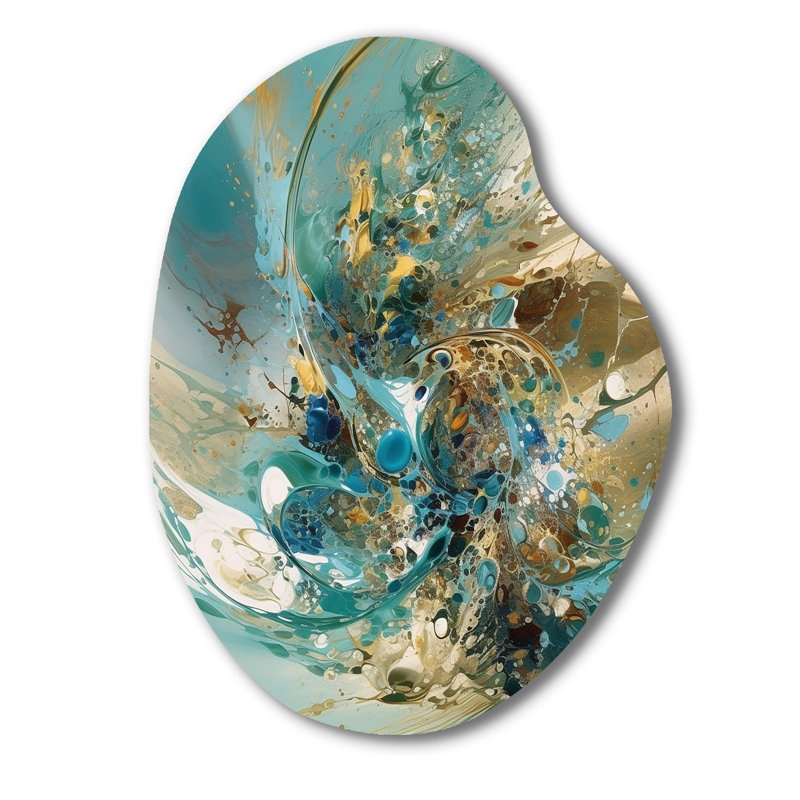 Encre liquide captivante jaune turquoise - impression unique sur métal en forme de marbre, décoration murale asymétrique en métal turquoise