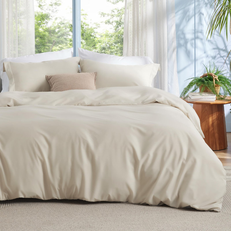 Ensemble de housse de couette en polyester et rayonne de bambou, Housse de couette simple + 1 taie décorative stan, Blanc