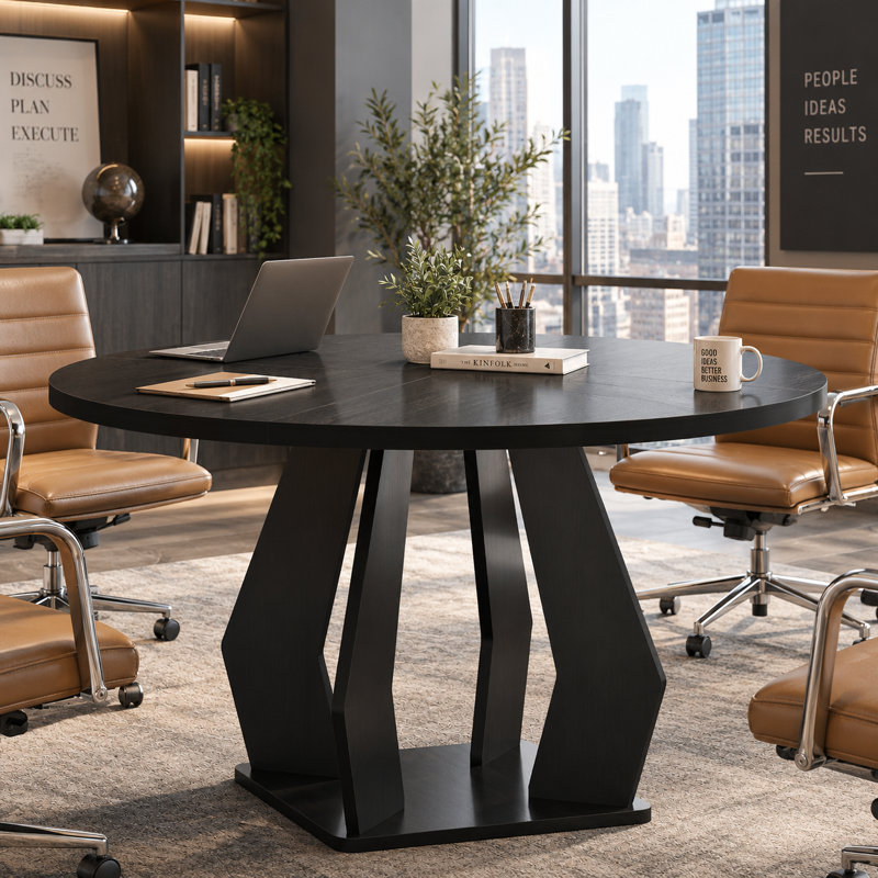 Table de salle à manger ronde de 119 cm (47 po) en bois fabriqué avec pied sculptural, Black