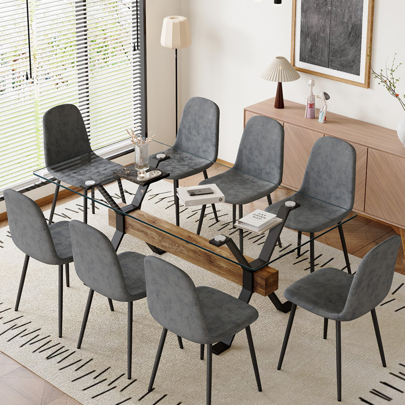 9-Piece Glass Top Dining Table Sets, Gray/Black