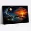 Tableau sur toile représentant une vague bleue et un coucher de soleil orangé avec lune et étoiles-872432251