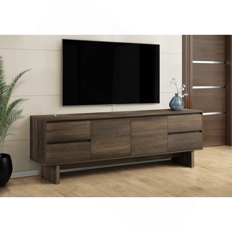 Meuble télé, console de 72 po, meuble multimédia, tiroirs de rangement, armoire de rangement, stratifié brun, transitionnel