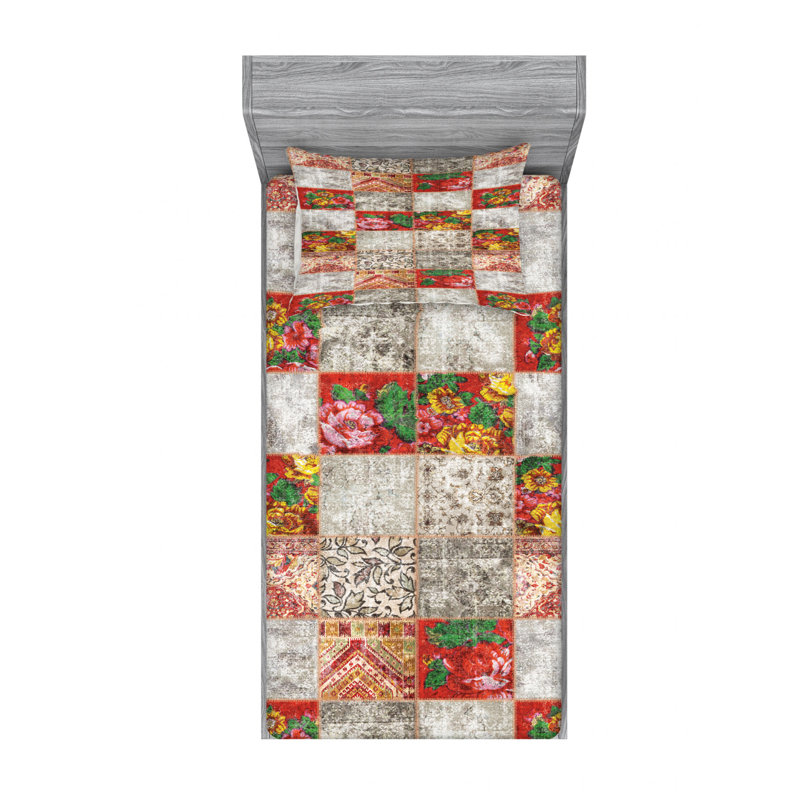 Twin XL White and Multicolor Microfiber Patchwork Sheet Set