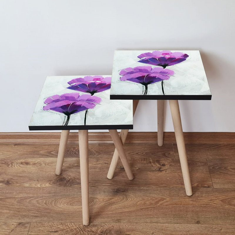 Elegant Nesting Table Set (2 Pieces), Impressionist Design, Purple & Black/White, 13.8 x 18.5 x 13.8 in (Large: 13.8 x 18.5 x 13.8 in, Small: 13.8 x 16.5 x 13.8 in) | 100% MDF with Sturdy Beech Wood Legs, Perfect for Living Room & Modern Decor