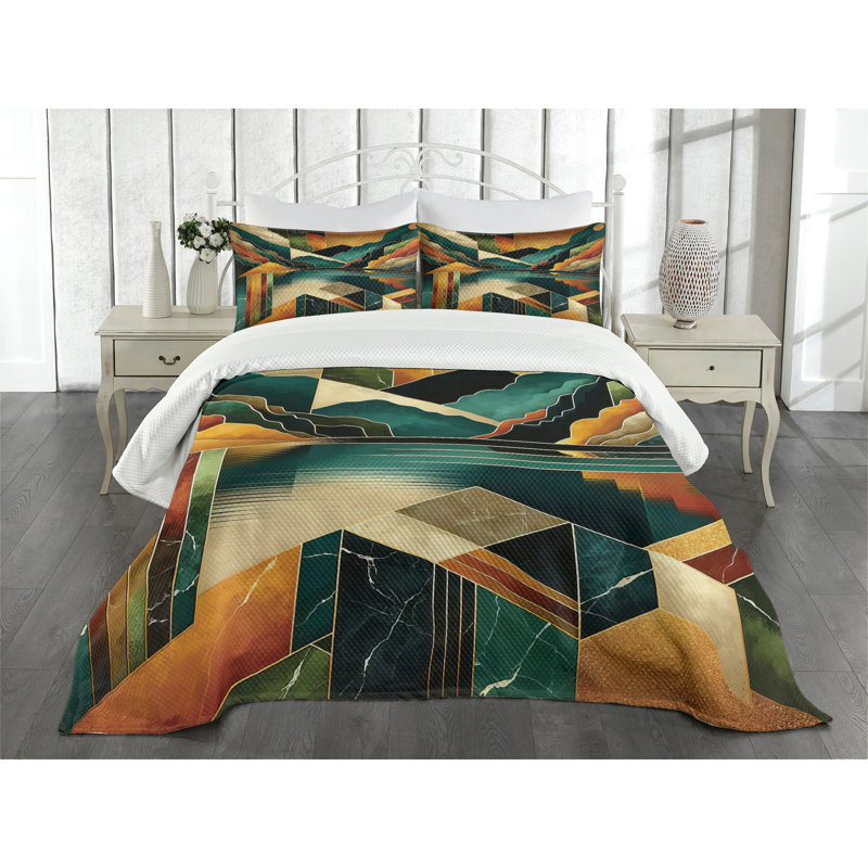 King Size Blue and Ginger Abstract Microfiber Bedspread Set