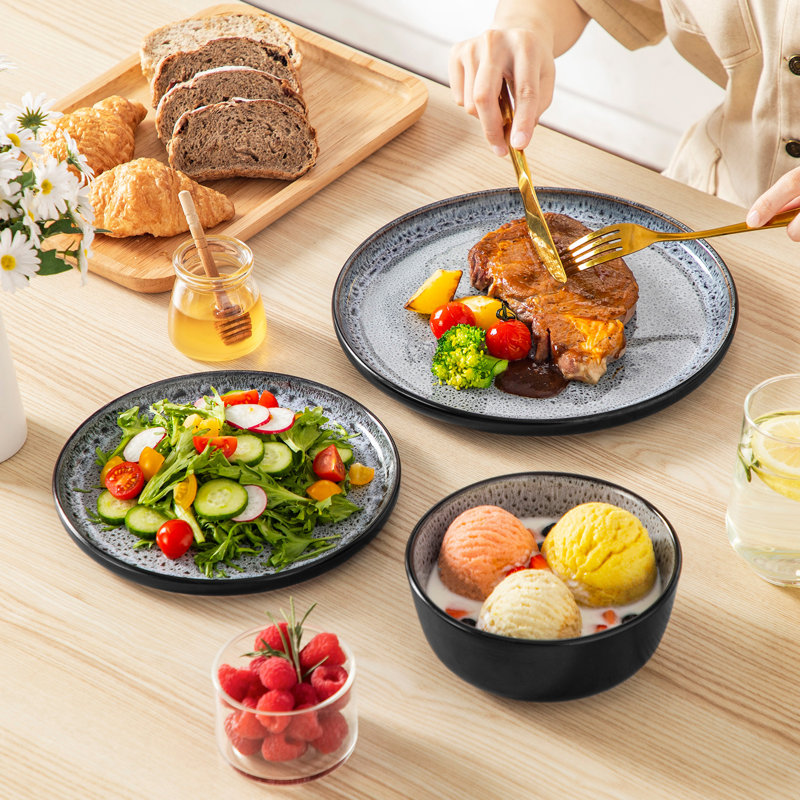 Service de table en céramique glaçure réactive pour 4 personnes, 4 assiettes à dessert, assiettes à dessert et bols à céréales vancasso, va au lave-vaisselle et au micro-ondes