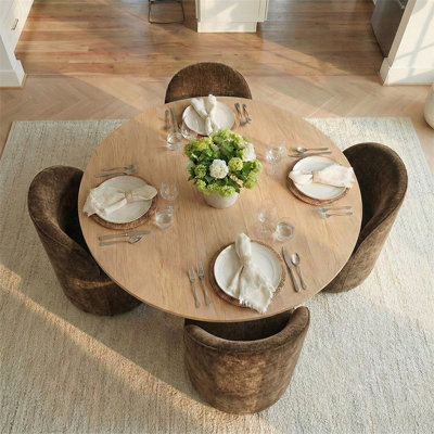 4 - Person Dining Table Sets With 52'' Solid Round Table & 4 Upholstered Chenille Swivel Chairs