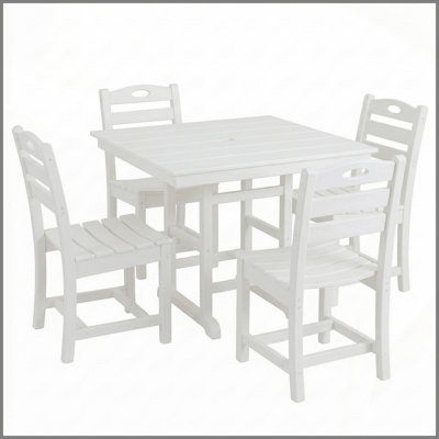 Ensemble de salle à manger en PEHD blanc pour 4, ensemble de patio 5 pièces avec table carrée et 4 chaises, trou pour parasol