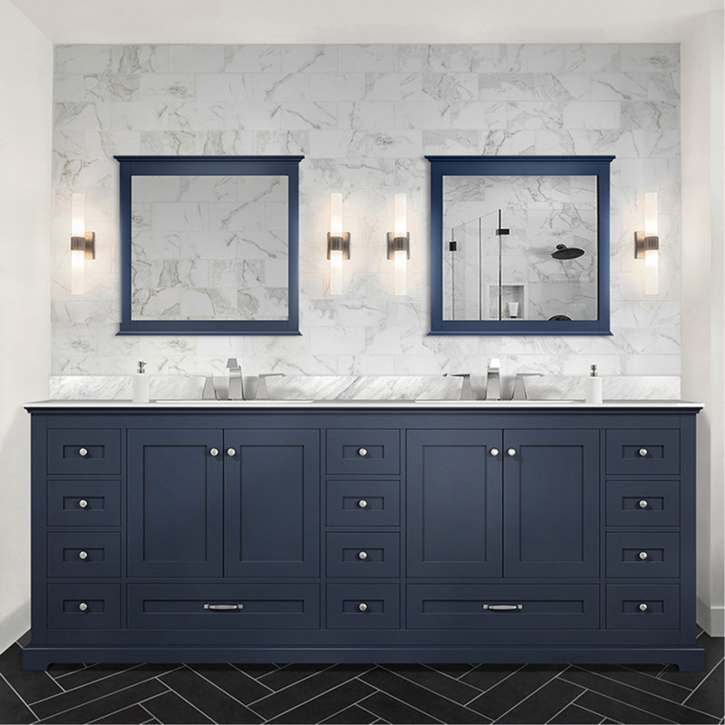 Ensemble de meuble-lavabo double, plateau en marbre de Carrare et robinet (sans évier), Navy Blue