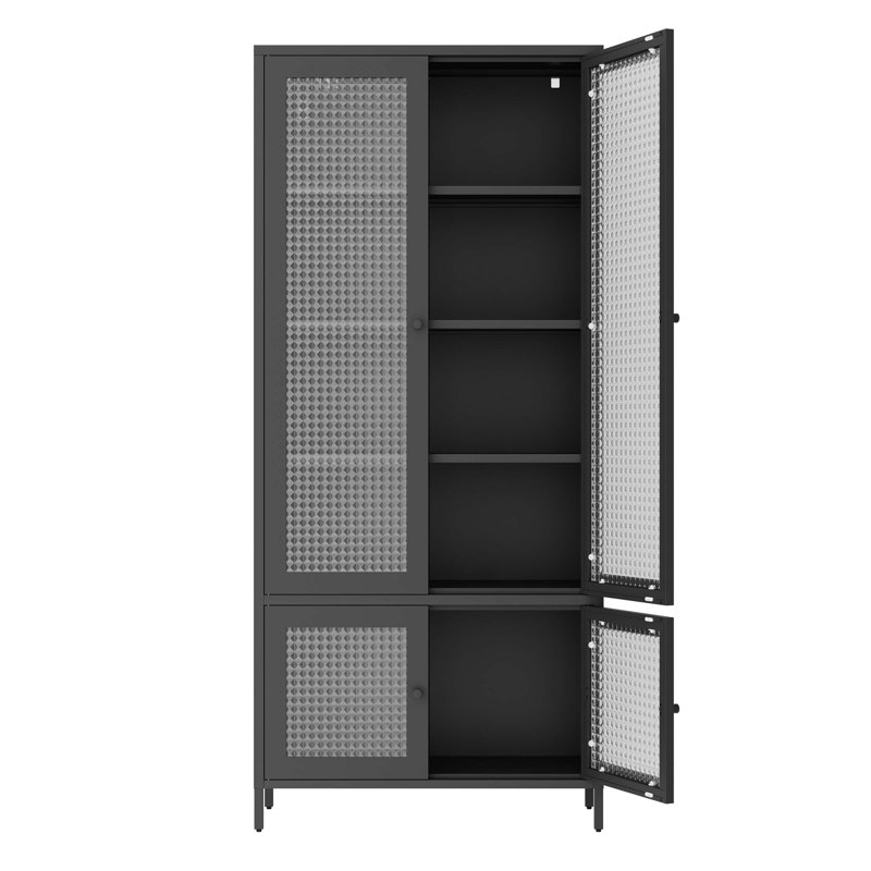 Large Metal Storage Cabinet With 4 Glass Doors And 5 Shelves, Waffle-Grids Tempered Glass For Modern Home Decor