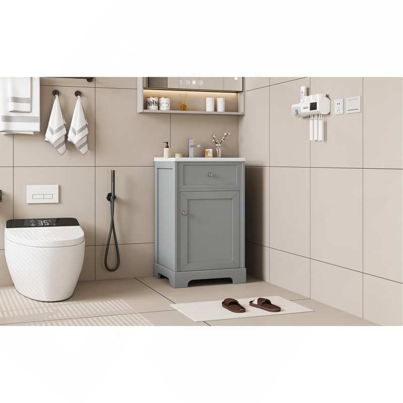 Meuble-lavabo de 20 po avec lavabo, armoire de salle de bain avec porte à fermeture douce, support de rangement et tablette réglable, gris