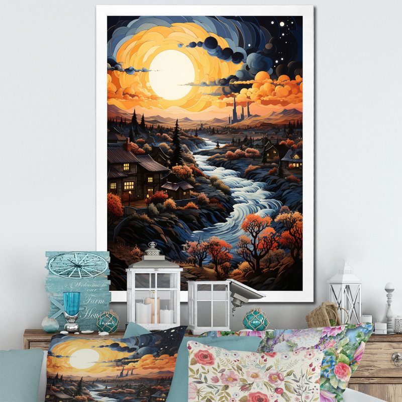 «Van Gogh», reproduction d'art sur toile, «Vangogh Village At Sunset I», H 20 po x l 12 po x P 1 po, Cadre simple blanc
