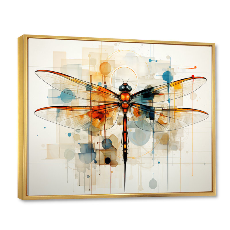 Libellule en teck vol éthéré géométrique - Libellule, art mural, H 24 po x l 32 po x P 1 po, Cadre flottant doré